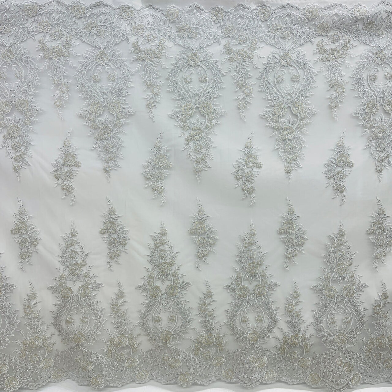 1 Yard White Beaded & Corded Bridal Lace Fabric, Embroidered Polyester Net Mesh, 54" Wide